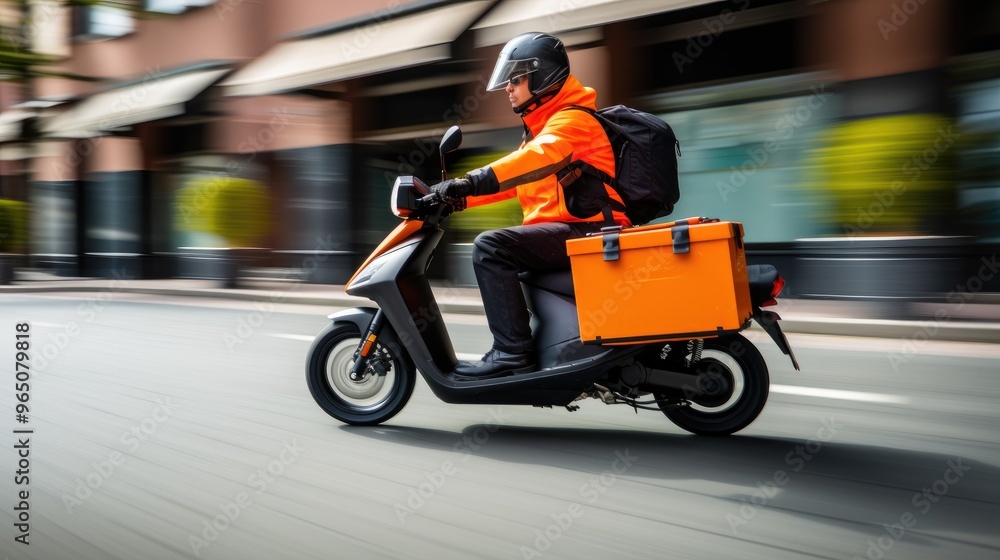 A delivery driver speeds through the city on a scooter, carrying a large orange box. The driver is wearing a helmet and safety gear. A delivery driver speeds through the city on a scooter, carrying a large orange box. The driver is wearing a helmet and safety gear.