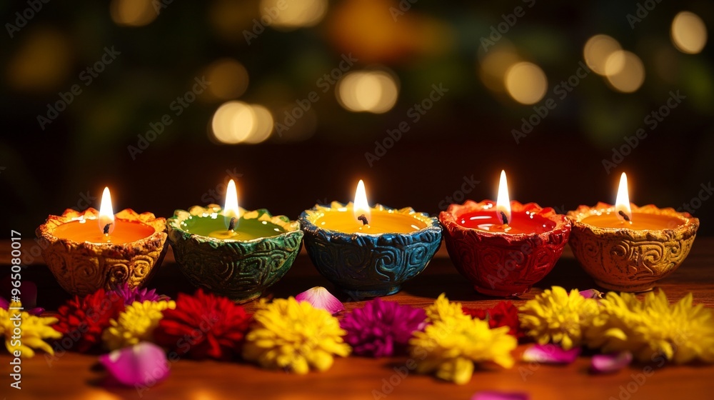 Diwali diya oil lamps with flowers holiday background. Creating a festive and decorative composition. Diwali diya oil lamps with flowers holiday background. Creating a festive and decorative composition.