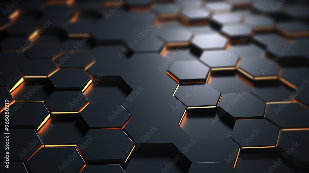 A futuristic abstract background with a honeycomb pattern. The hexagons are black with glowing orange edges, creating a sense of depth and dimension. A futuristic abstract background with a honeycomb pattern. The hexagons are black with glowing orange edges, creating a sense of depth and dimension.