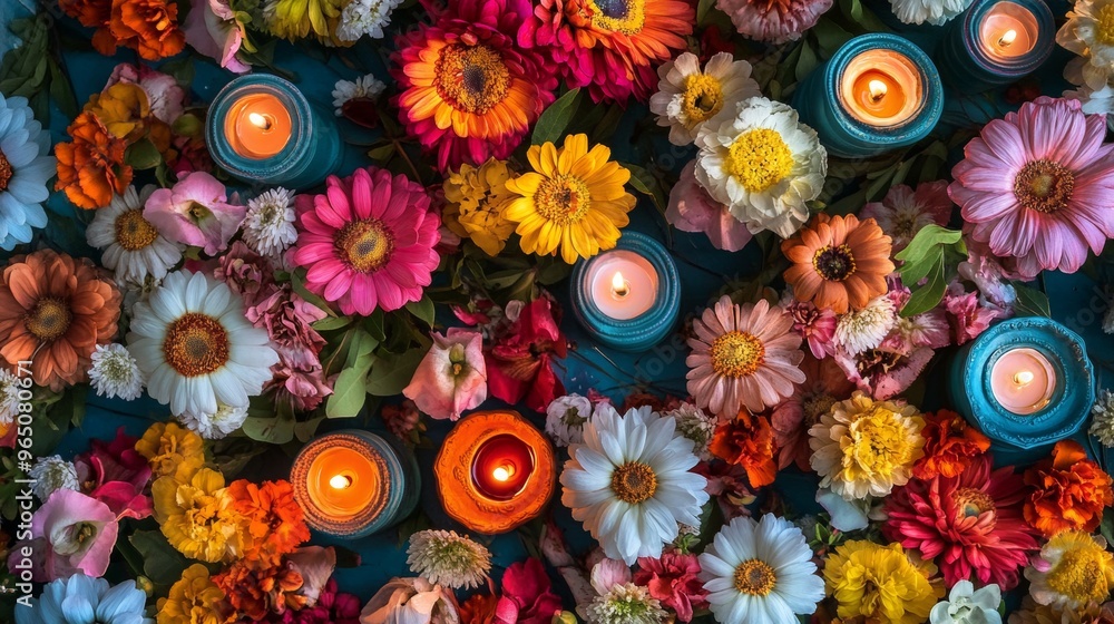 Diwali diya oil lamps with flowers holiday background. Creating a festive and decorative composition. Diwali diya oil lamps with flowers holiday background. Creating a festive and decorative composition.