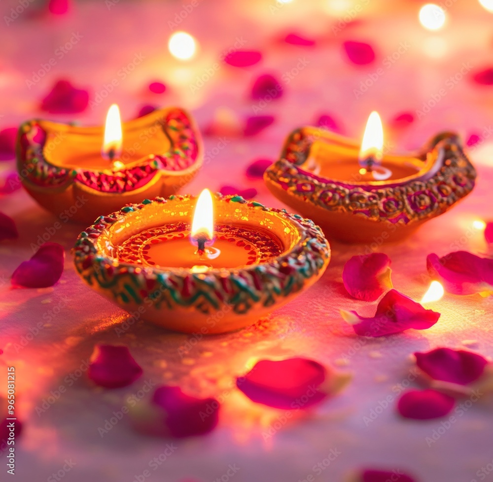 Diwali diya oil lamps with flowers holiday background. Creating a festive and decorative composition. Diwali diya oil lamps with flowers holiday background. Creating a festive and decorative composition.
