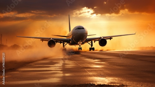 A large airplane taxis down a runway at sunset, kicking up dust and leaving a trail of smoke in its wake.