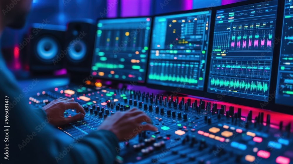 A close-up of a sound engineer adjusting audio levels on a digital mixer, showcasing vibrant lights and dynamic sound waves. A close-up of a sound engineer adjusting audio levels on a digital mixer, showcasing vibrant lights and dynamic sound waves.