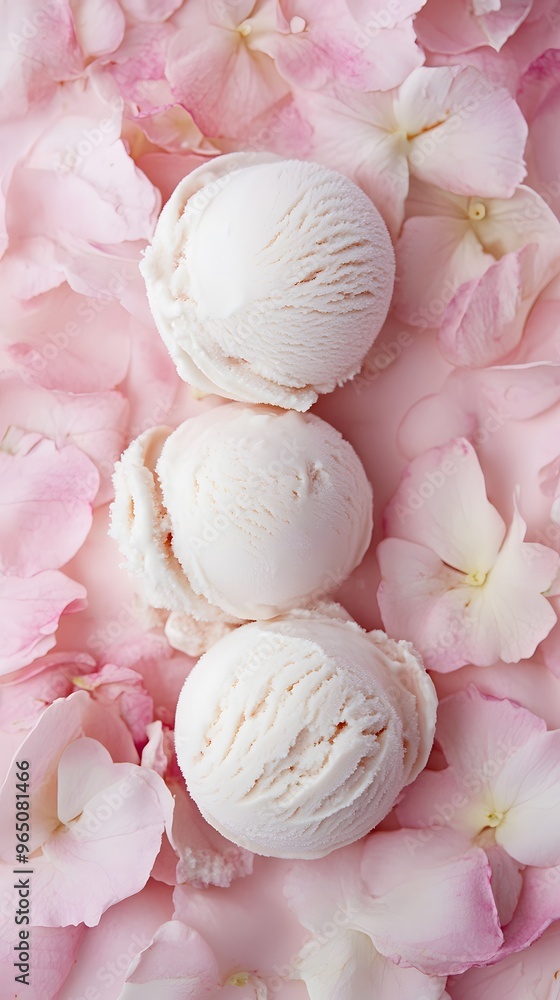 Three Scoops of Vanilla Ice Cream Nestled in Delicate Pink Petals Three Scoops of Vanilla Ice Cream Nestled in Delicate Pink Petals