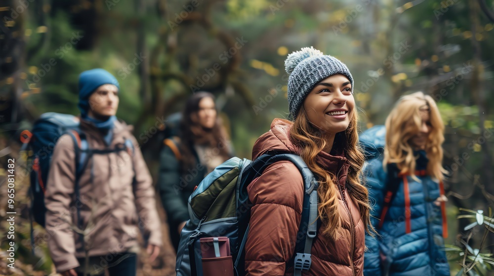 Fototapeta premium A group of friends hike through the forest.