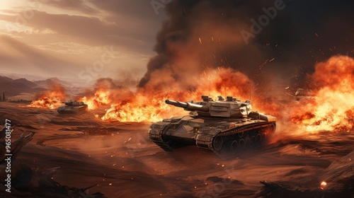 A lone tank rolls through a fiery desert landscape, smoke and explosions billowing around it. The tank's gun is raised, ready for battle.