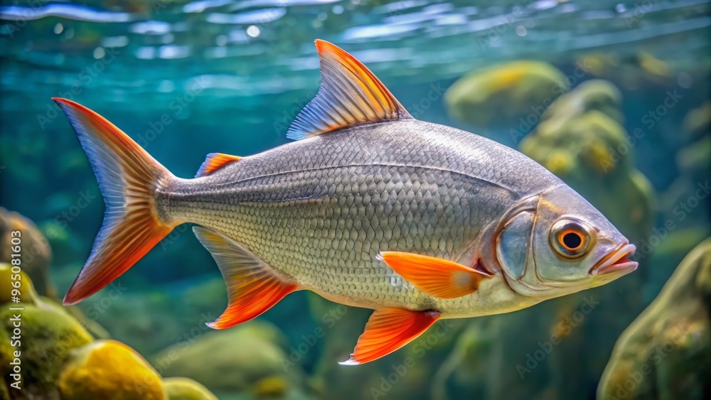Silvery fish glides effortlessly through crystal-clear waters, its serrated dorsal fin slicing through the surface with Silvery fish glides effortlessly through crystal-clear waters, its serrated dorsal fin slicing through the surface with