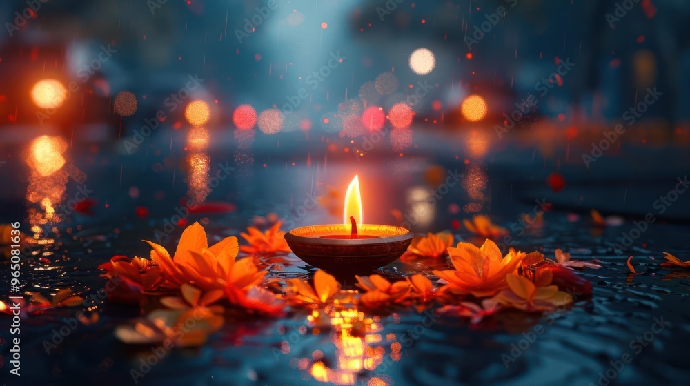 A beautiful scene of a candle burning in the rain, surrounded by fallen autumn leaves, A beautiful scene of a candle burning in the rain, surrounded by fallen autumn leaves,