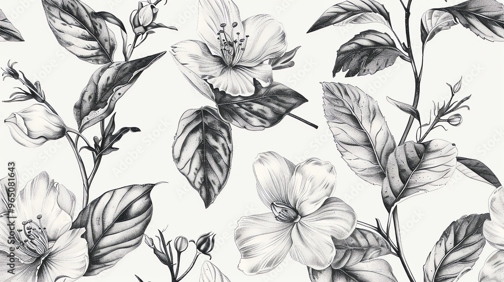 A black and white drawing of flowers and leaves. A black and white drawing of flowers and leaves.