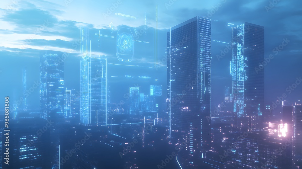 A futuristic AI-powered security system monitoring a city for potential threats A futuristic AI-powered security system monitoring a city for potential threats