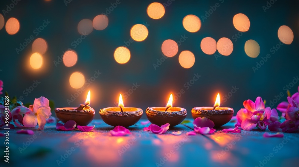 Diwali diya oil lamps with flowers holiday background. Creating a festive and decorative composition. Diwali diya oil lamps with flowers holiday background. Creating a festive and decorative composition.