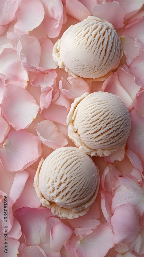 Vanilla Ice Cream Scoops Nestled in Pink Rose Petals Vanilla Ice Cream Scoops Nestled in Pink Rose Petals