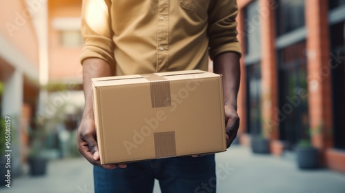 A man in a brown shirt holds a cardboard box in front of him. He is standing outside in front of a building.