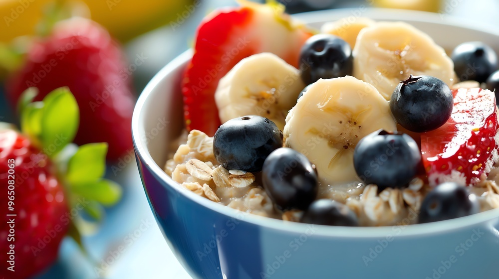 A bowl of oatmeal with fresh berries and bananas. A bowl of oatmeal with fresh berries and bananas.