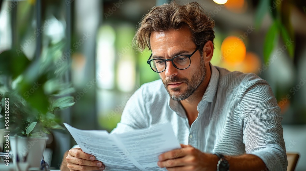 © KN Studio - Serious Business Review: Focused businessman scrutinizing documents in a bustling cafe, his brow furrowed in concentration. © KN Studio - Serious Business Review: Focused businessman scrutinizing documents in a bustling cafe, his brow furrowed in concentration.