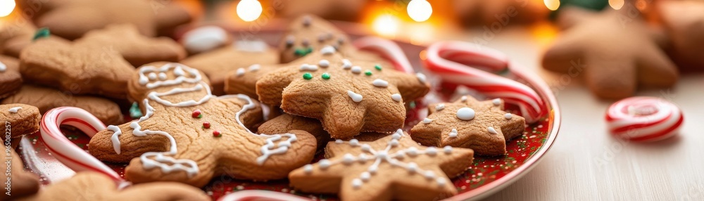 A delightful assortment of gingerbread cookies on a festive plate, perfect for holiday celebrations and winter gatherings.