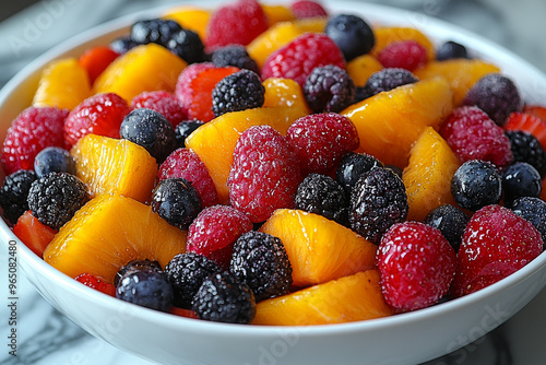 A bowl of fresh fruit salad with peaches, raspberries, blackberries, and blueberries.