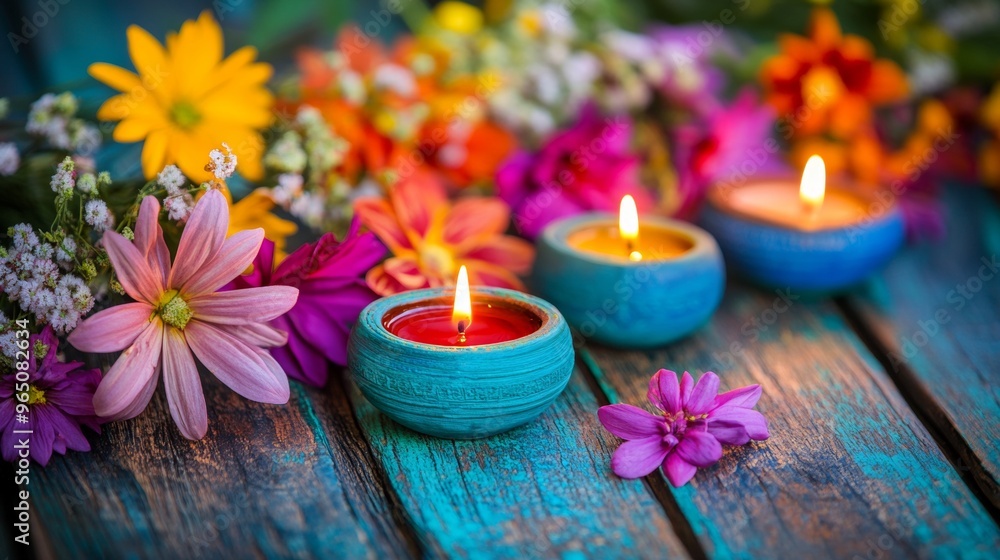 Diwali diya oil lamps with flowers holiday background. Creating a festive and decorative composition.