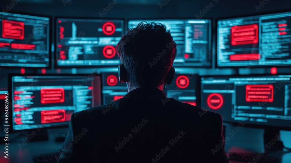 A focused hacker monitors multiple screens displaying complex codes and alerts, immersed in a cyber world of technology. A focused hacker monitors multiple screens displaying complex codes and alerts, immersed in a cyber world of technology.