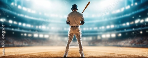 A focused baseball player stands on the field, ready to bat. The stadium lights illuminate the exciting atmosphere of the game.