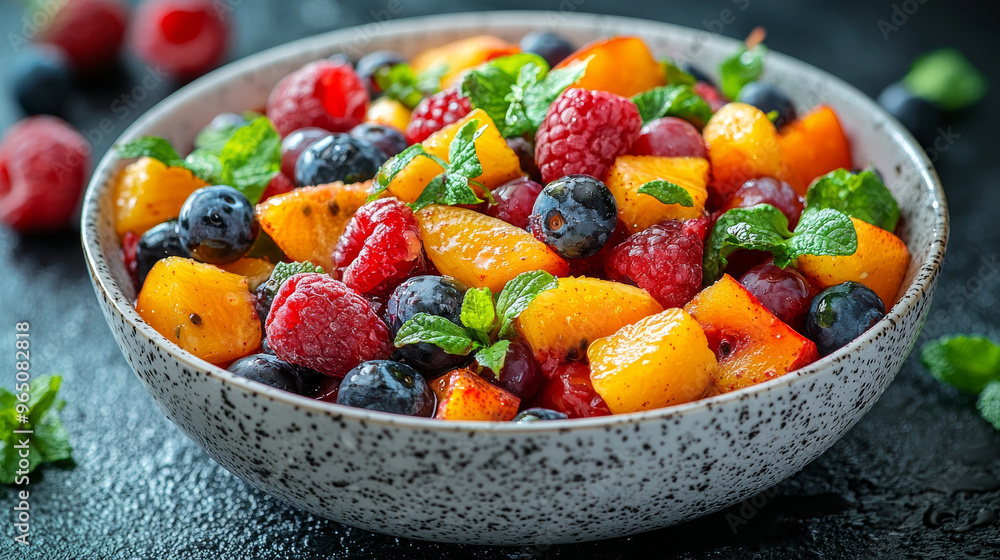 Fresh fruit salad with peaches, raspberries, blueberries, and mint. Fresh fruit salad with peaches, raspberries, blueberries, and mint.