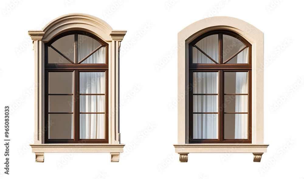 Windows with decorative arches and curtains, isolated on transparent background Windows with decorative arches and curtains, isolated on transparent background