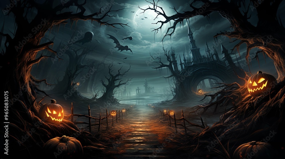 A Halloween Path Leading to a Haunted Castle A Halloween Path Leading to a Haunted Castle
