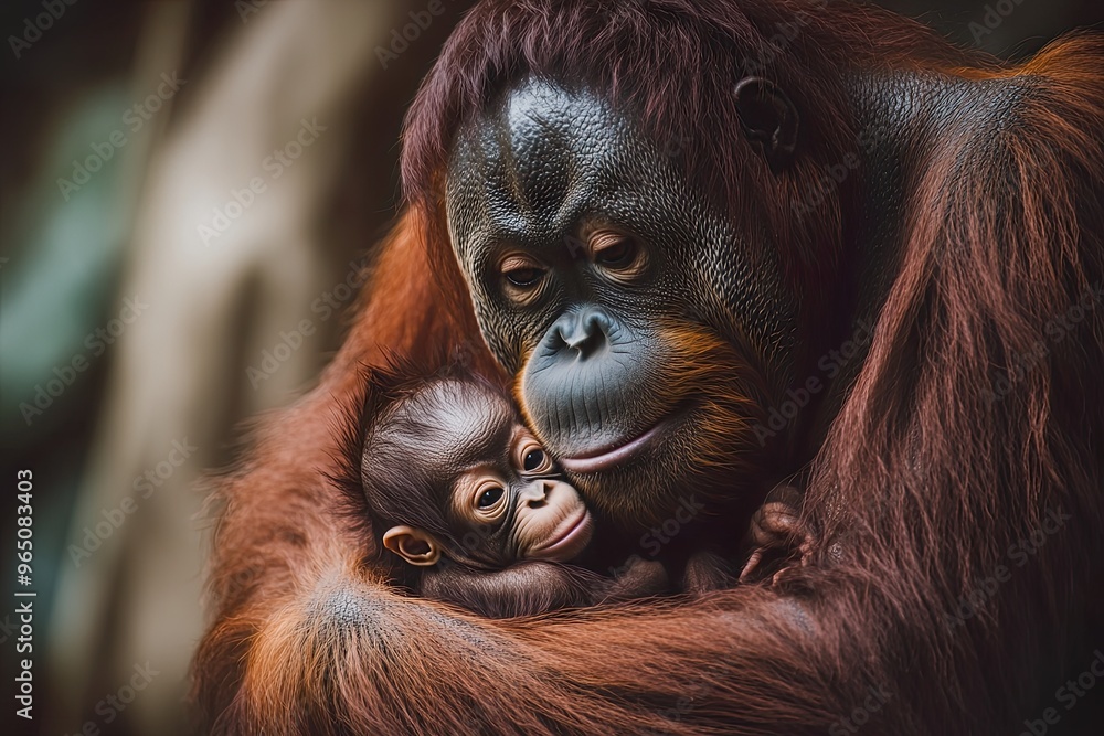 Fototapeta premium Mother and baby orangutan in a tender embrace.