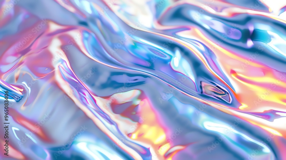 Fototapeta premium An abstract, flowing, iridescent background in shades of blue, purple, pink, and yellow.