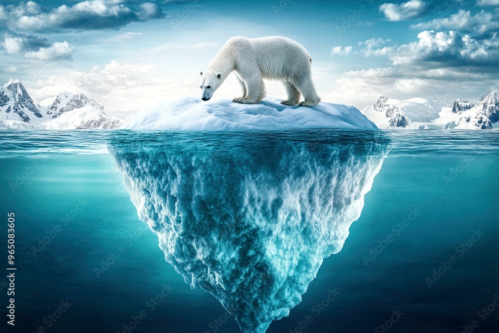 Naklejka premium Polar bear on an iceberg in a serene landscape.