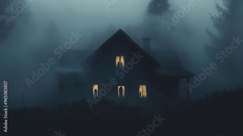 A Foggy Night with a Cabin Glowing with Light