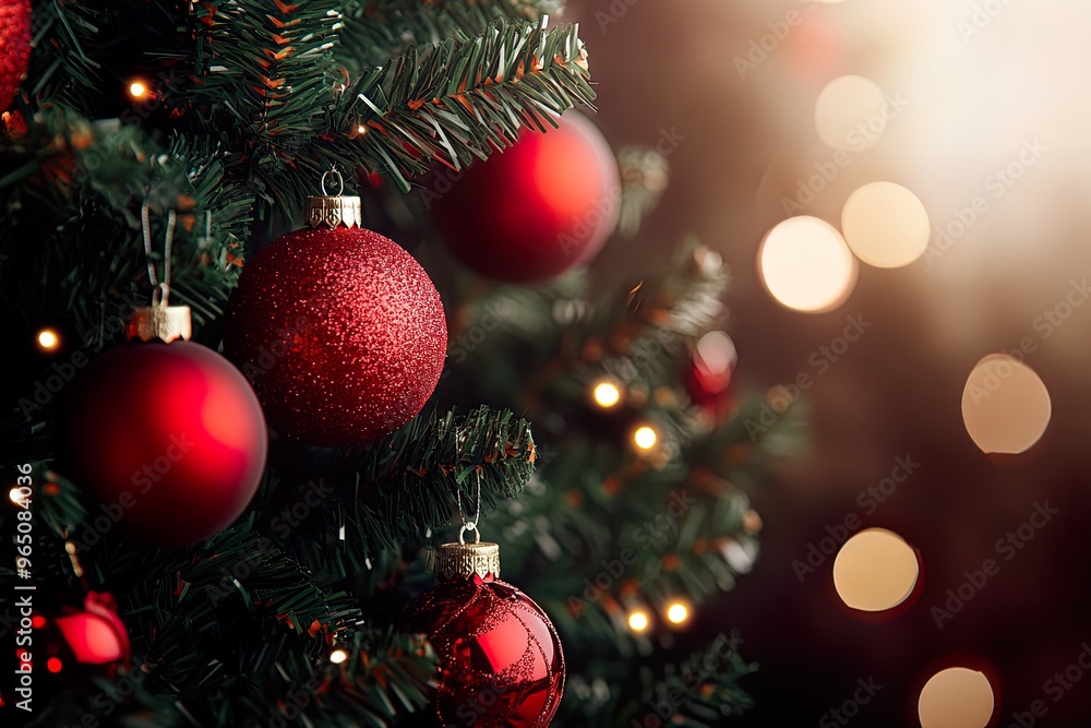 Obraz premium Red ornaments on a Christmas tree with lights.