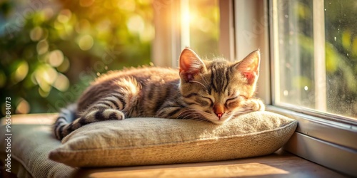 Softly breathing kitten sleeps surrounded by warm sunlight, cushioned window sill a comfortable haven from the outside photo