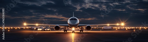 A majestic airplane illuminated by runway lights, ready for takeoff at dusk against a dramatic sky.