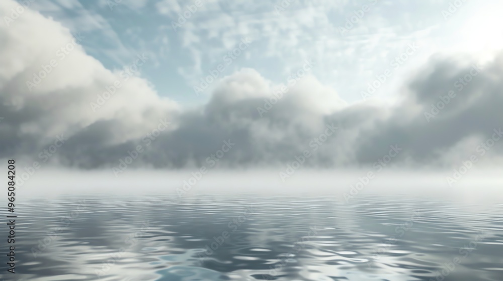 A calm body of water with a misty, cloudy sky. A calm body of water with a misty, cloudy sky.
