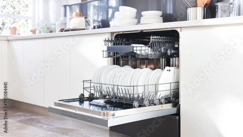 A modern dishwasher in a stylish kitchen, loaded with clean plates and kitchenware, showcasing efficiency and convenience.