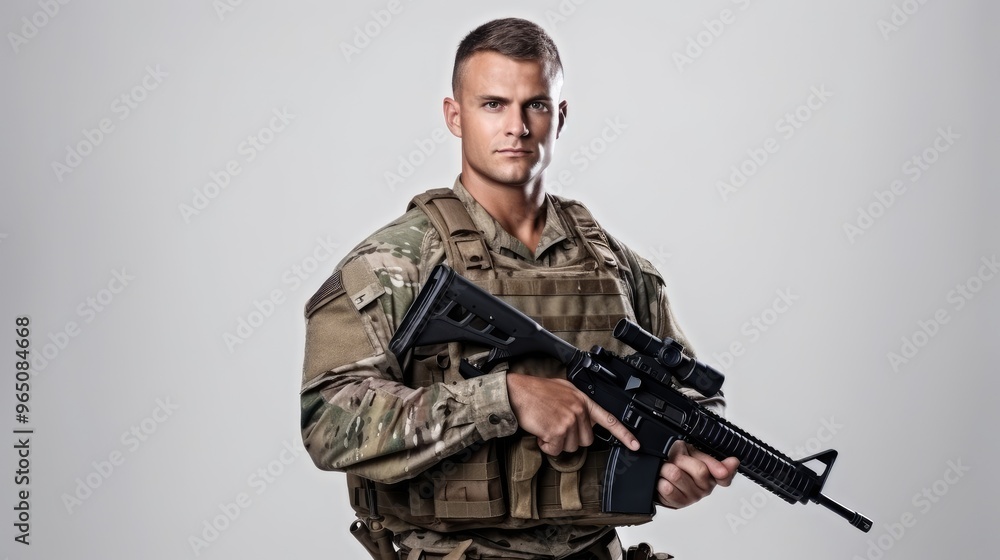 A soldier in camouflage fatigues holds a rifle with a determined look on his face. A soldier in camouflage fatigues holds a rifle with a determined look on his face.