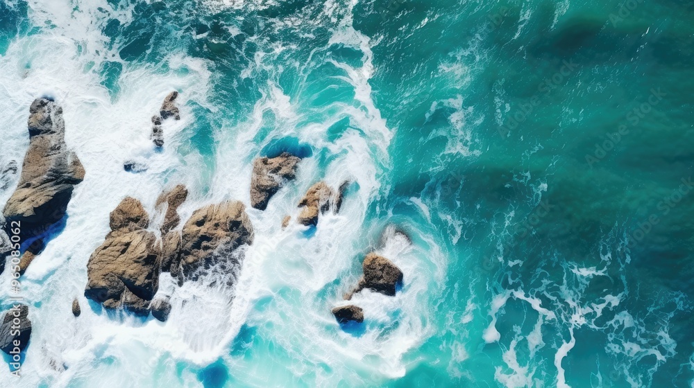 Fototapeta premium A stunning aerial view of the ocean, with turquoise water and white waves crashing against the rocks.
