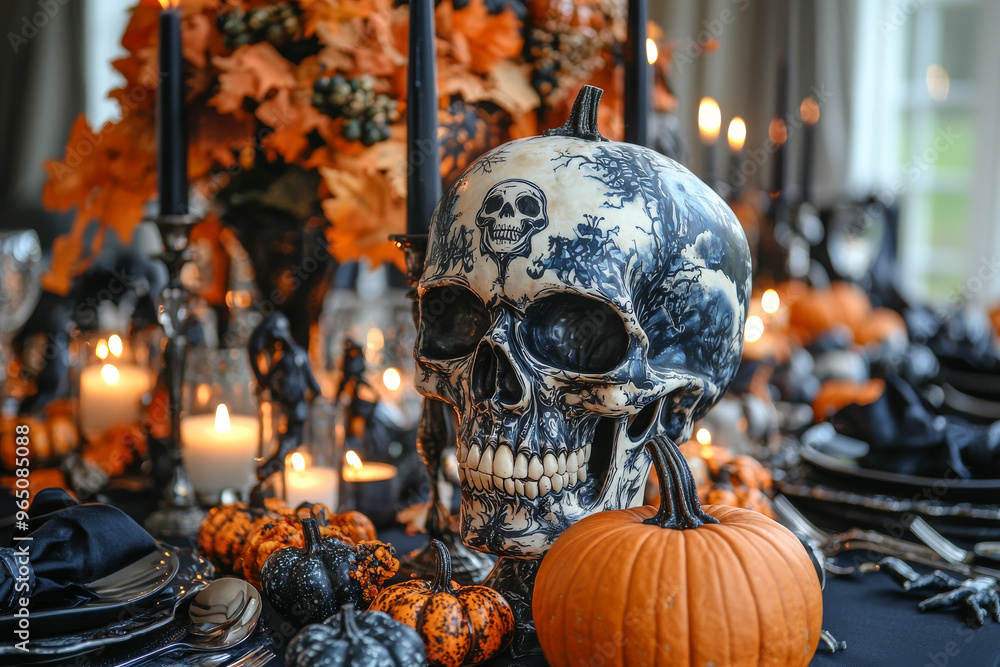 Spooky Halloween tabletop decor with a skull and pumpkins. Spooky Halloween tabletop decor with a skull and pumpkins.