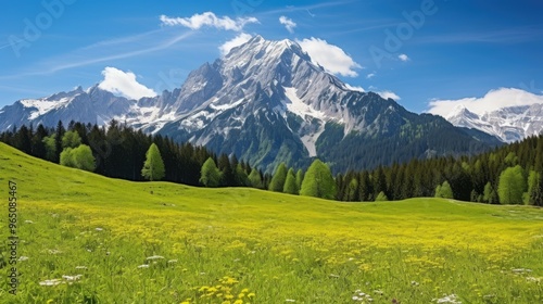 A stunning view of a snow-capped mountain range, with a lush green meadow in the foreground.