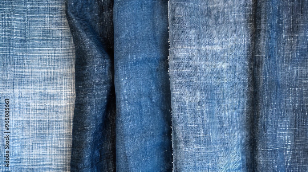 Different shades of blue denim fabric stacked together. Different shades of blue denim fabric stacked together.