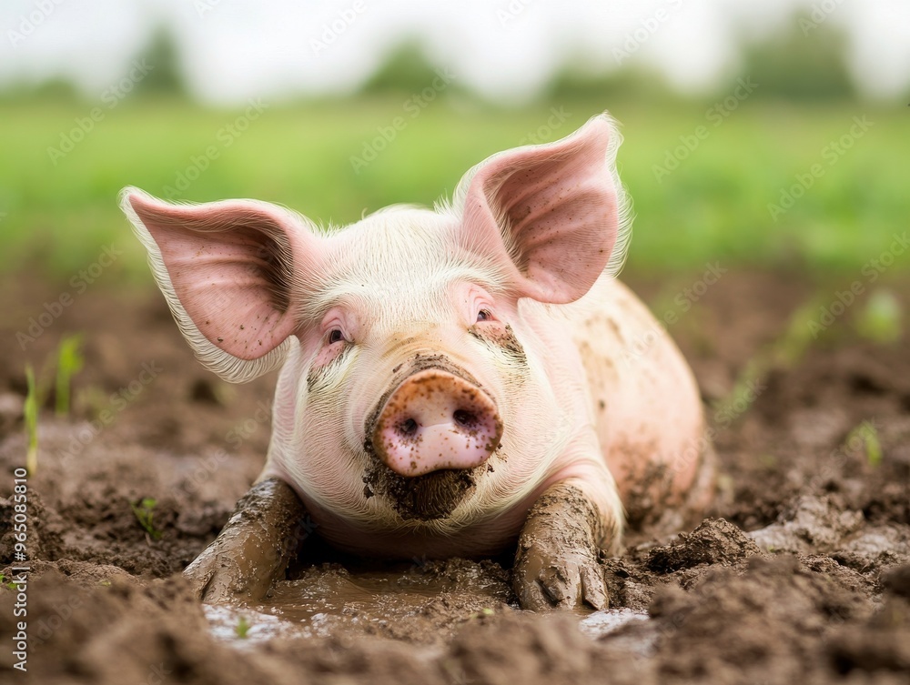 A playful piglet resting in muddy soil, surrounded by lush green grass. A charming capture of farm life and nature. A playful piglet resting in muddy soil, surrounded by lush green grass. A charming capture of farm life and nature.