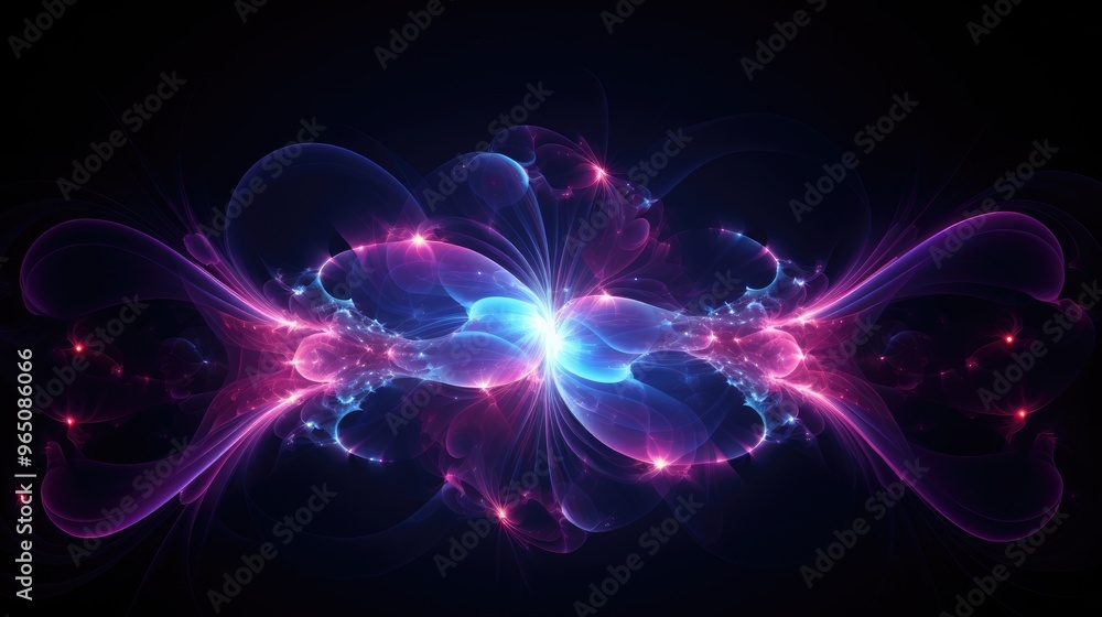 Fototapeta premium A vibrant abstract design with swirling lines and glowing orbs in shades of pink and blue. The image evokes a sense of energy and movement.