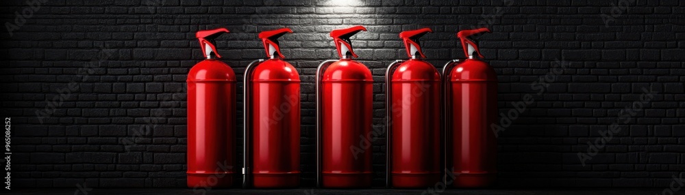 Obraz premium A row of red fire extinguishers displayed against a dark textured wall, symbolizing safety and emergency preparedness.