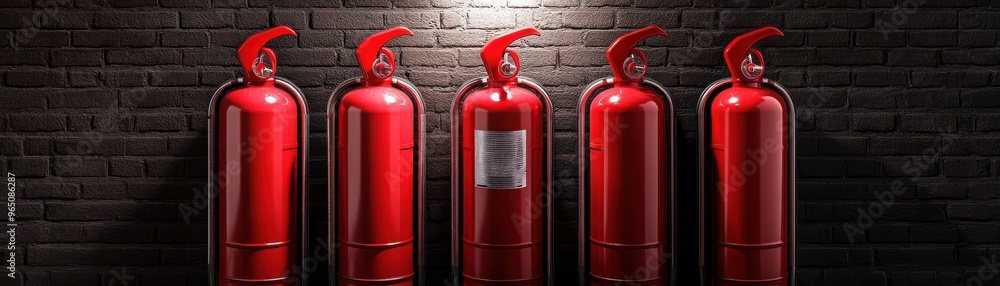 Obraz premium A row of red fire extinguishers against a dark brick wall, symbolizing safety and emergency preparedness in a modern environment.
