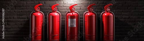 Wallpaper Mural A row of red fire extinguishers against a dark brick wall, symbolizing safety and emergency preparedness in a modern environment. Torontodigital.ca