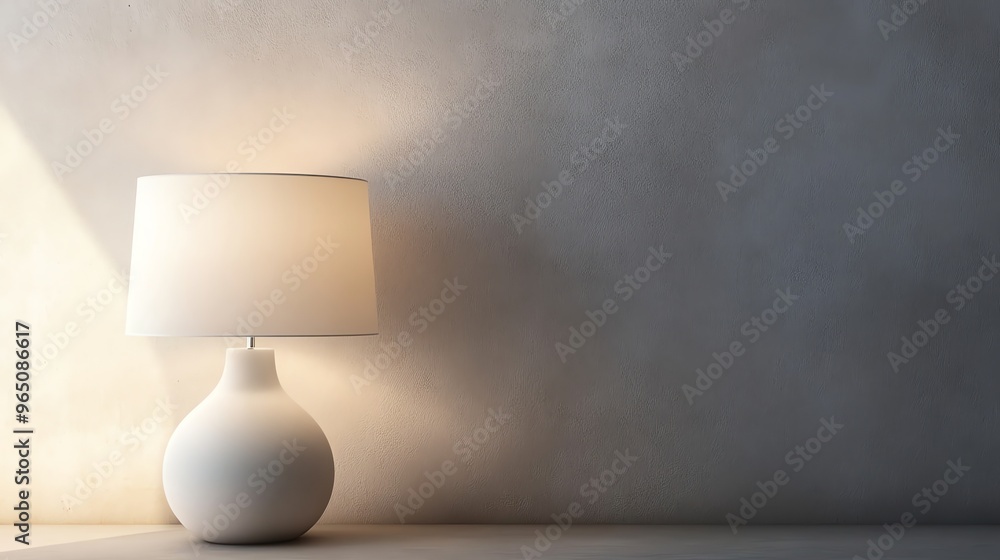 A white table lamp on a white surface against a light grey wall. A white table lamp on a white surface against a light grey wall.