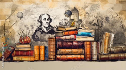 A watercolor painting of a stack of old books, with a portrait of a man in the background. photo