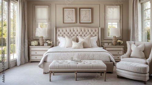 Luxurious Beige Bedroom with Tufted Headboard and Upholstered Chair