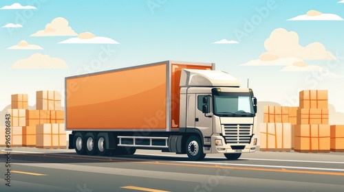 A white semi-truck with an orange trailer drives down a road, carrying a load of boxes.